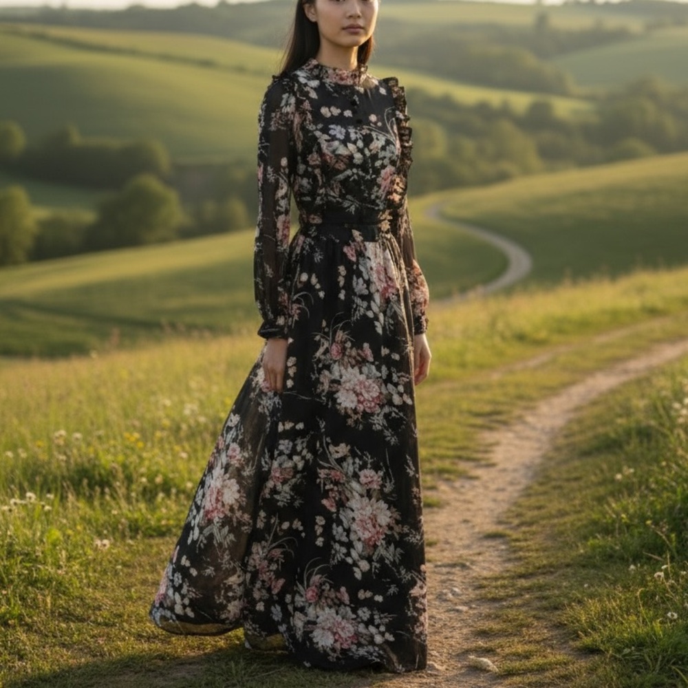 Boutique Romantic Boho Black Floral Long Sleeve Maxi Peasant Dress Womens Small
